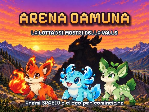 Schermata del titolo di Arena Camuna con i tre mostri e il guardiano di pietra